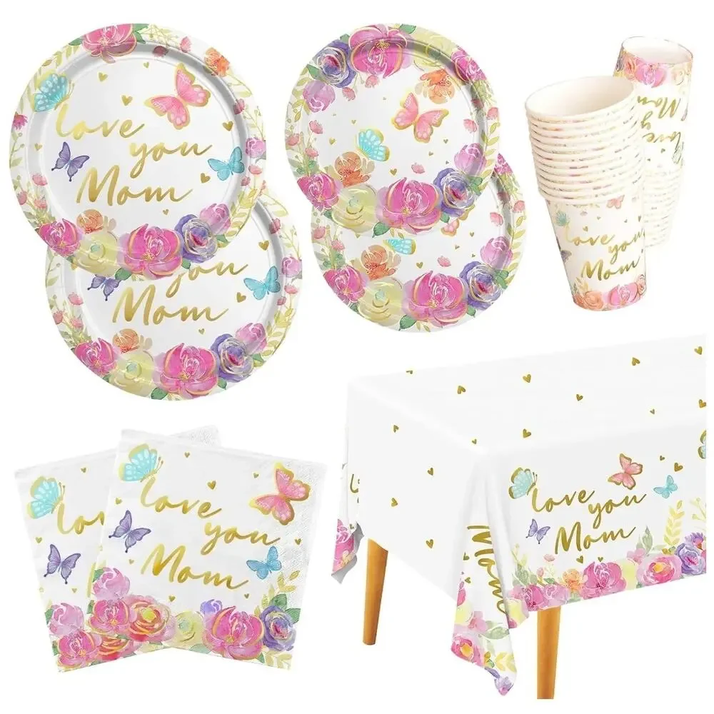 Mothers Day Party Decor Serve 25 Love You Mom Table Cloth Plates Napkin Cups s13